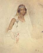 Mariano Fortuny y Marsal, Portrait d'une jeune fille marocaine,crayon et aquarelle (mk32)